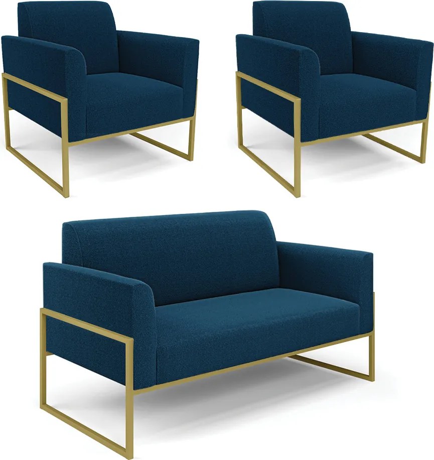 Namoradeira e 2 Poltronas Industrial Alta Dourado Marisa Bouclê Azul