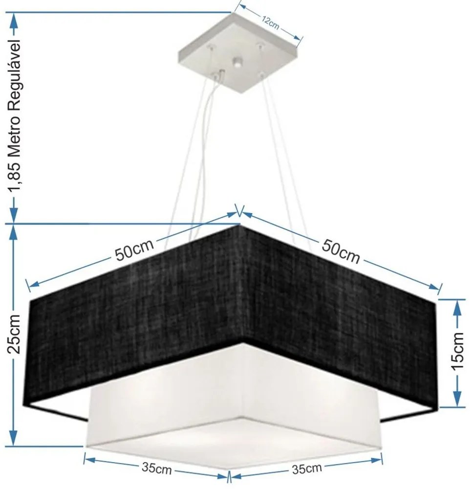 Lustre Pendente Duplo Quadrado Vivare Md-4066 Cúpula em Tecido 50x35cm Preto / Branco - Bivolt