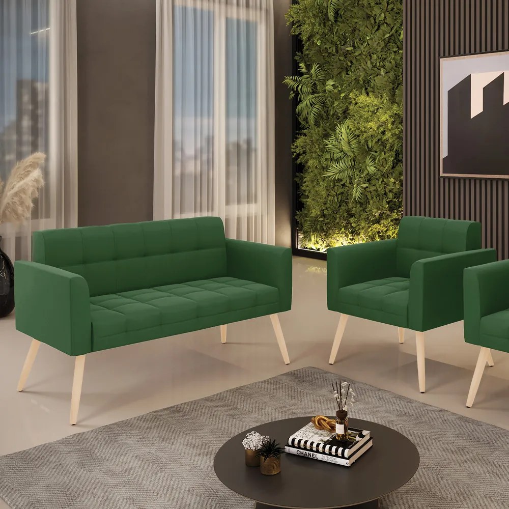 Kit 1 Sofá Namoradeira e 1 Poltrona Elisa Suede Verde Pés Palito Natural - D'Rossi