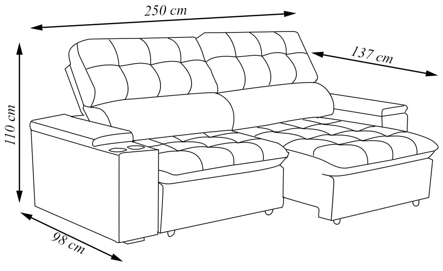 Sofá Retrátil e Reclinável 4 Lugares 250cm Zoho Porta Copos no Braço Veludo Cinza G22 - Gran Belo