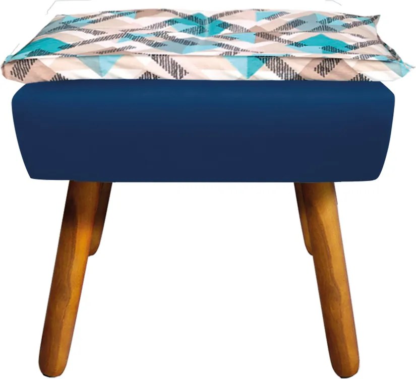 Kit 01 Namoradeira com 02 Poltronas e 02 Puffs Opala Composê Suede com Estampado Traçado Azul D33 Pés Palito Castanho - Azul Marinho