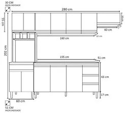 Cozinha Modulada 4 Peças Balcão sem Tampo 160cm Andréia Branco - AJL M