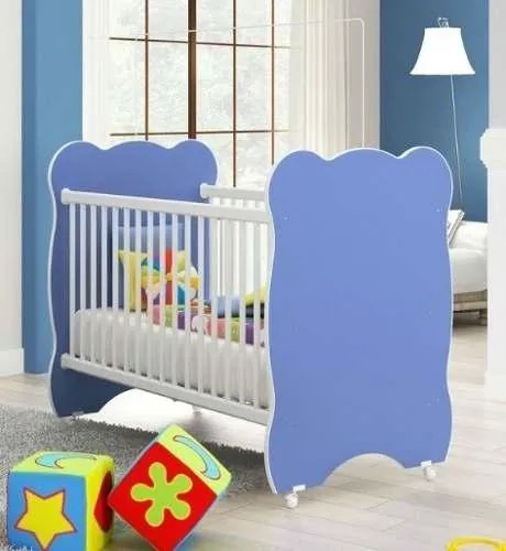 Quarto de Bebê Completo: Guarda-roupa + Cômoda 3 Gavetas + Berço Com Rodinhas- Branco/Azul
