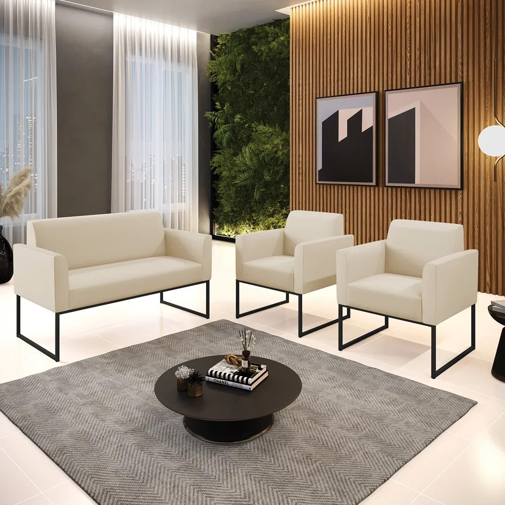 Sofá Namoradeira com 2 Poltronas Base Industrial Preto Marisa Corino D03 - D'Rossi - Bege
