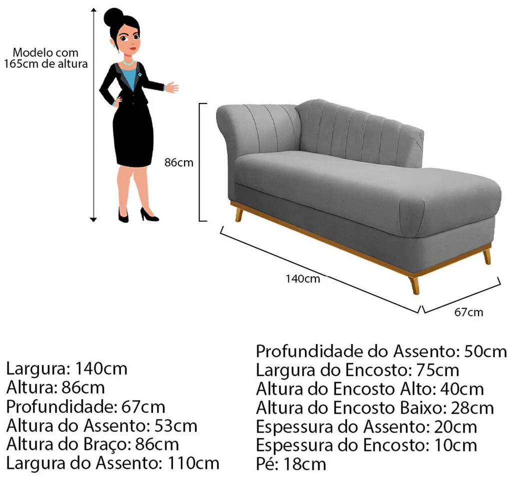 Recamier Vanessa 140cm Lado Esquerdo Suede Cinza - ADJ Decor