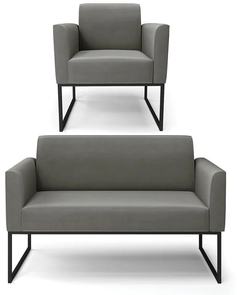 Sofá Namoradeira com Poltrona Base Industrial Preto Marisa Suede D03 - D'Rossi - Grafite