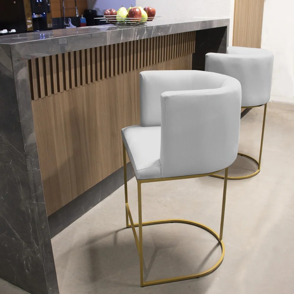 Kit 2 Banquetas Paola Linho Cinza A05 Base Metálica Dourada - D'Rossi