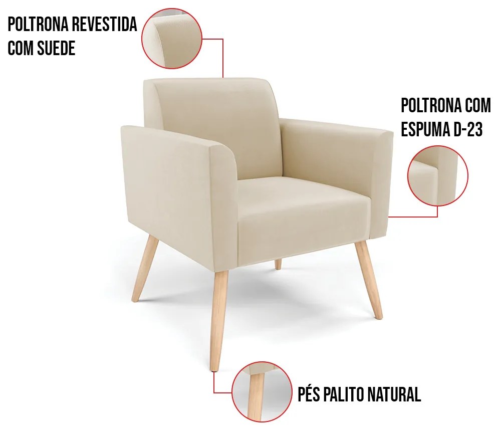 Poltrona Pés Palito Natural Marisa Suede - Bege