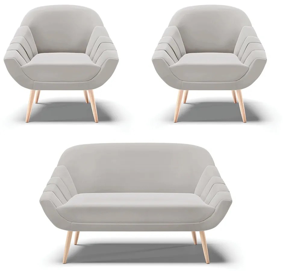 Kit 01 Namoradeira 02 Lugares e 02 Poltronas Giovana Veludo Cinza Pés Palito Natural - D'Rossi
