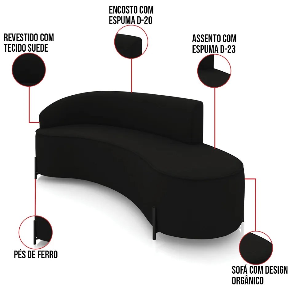 Sofá 4 Lugares Orgânico 220cm Pé Ferro Preto Morgan Suede D03 - D'Rossi - Preto