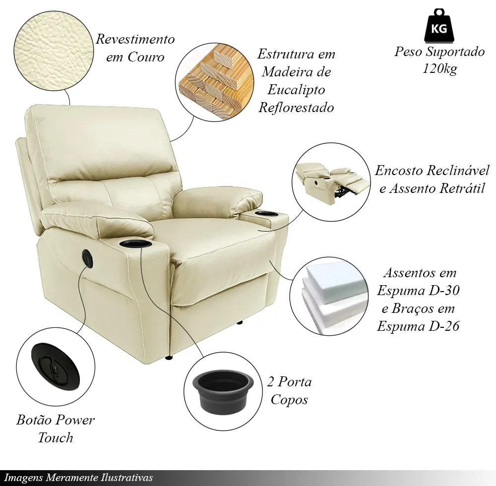 Poltrona do Papai Sala de Cinema Reclinável Mia Power Elétrico Base Fixa Couro Off White G40 - Gran Belo