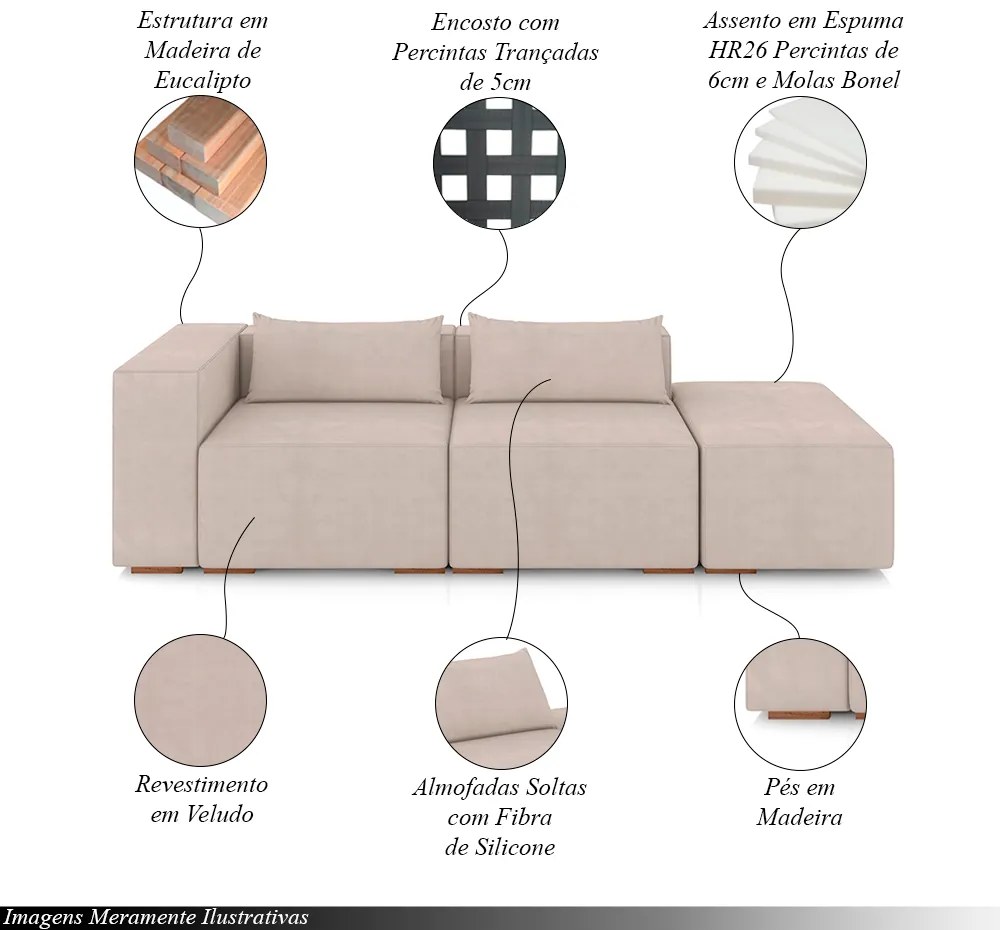 Sofá Versátil Sala de Estar Atlanta 338cm Modulado Veludo Bege G52 - Gran Belo