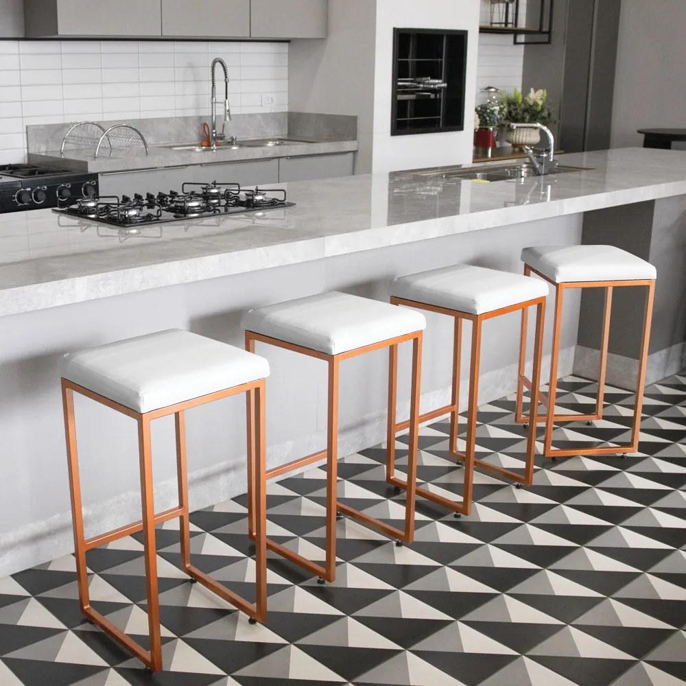 Banqueta Alta para Cozinha Industrial Kit 2 Nick Bronze e Sintético D03 - D'Rossi - Branco