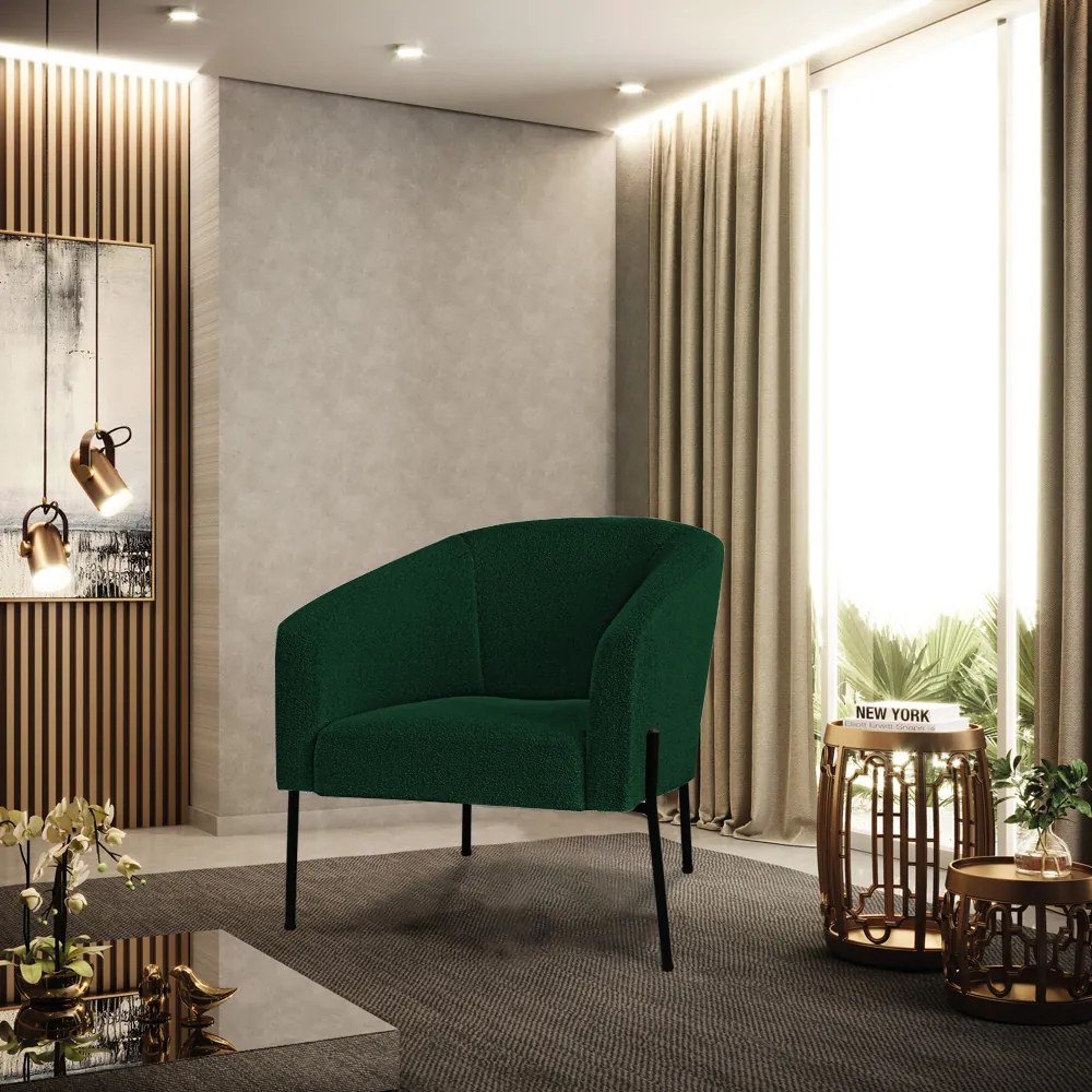 Poltrona Sala Decorativa Pé de Ferro Preto Kit 2 Stella Bouclê D03 - D'Rossi - Verde