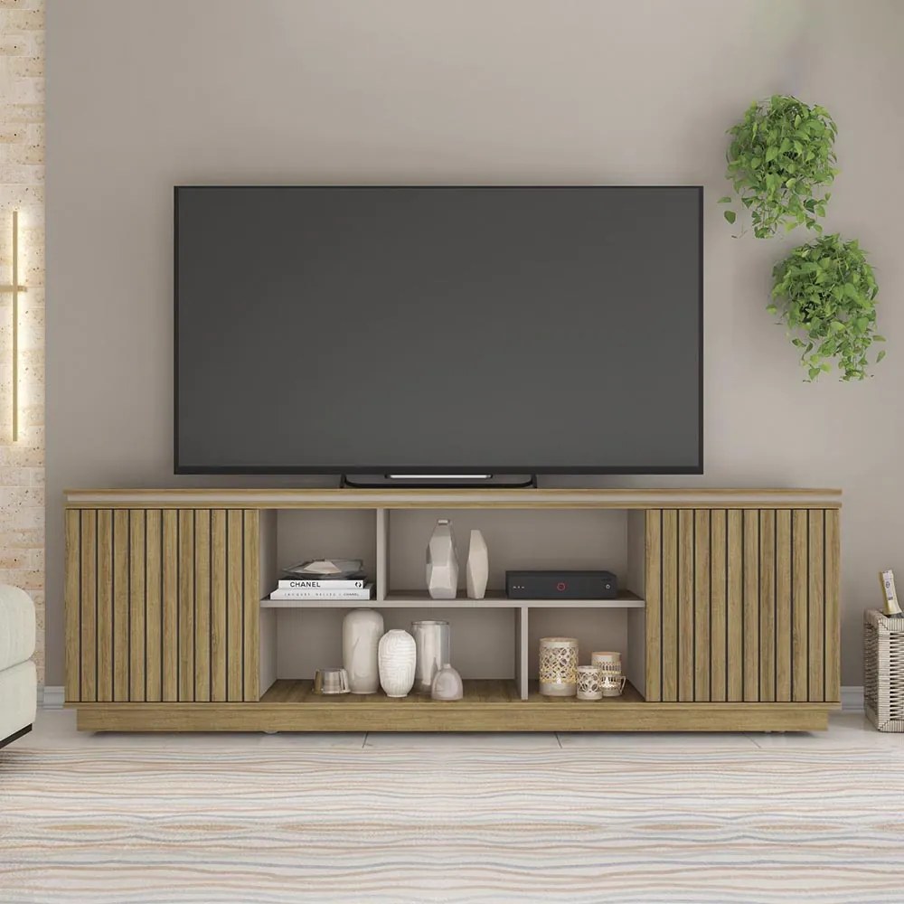 Rack TV 75 Pol 180cm Bancada Ripado com Rodízio Noan Bege Amarelado/Cinza C01 - D'Rossi