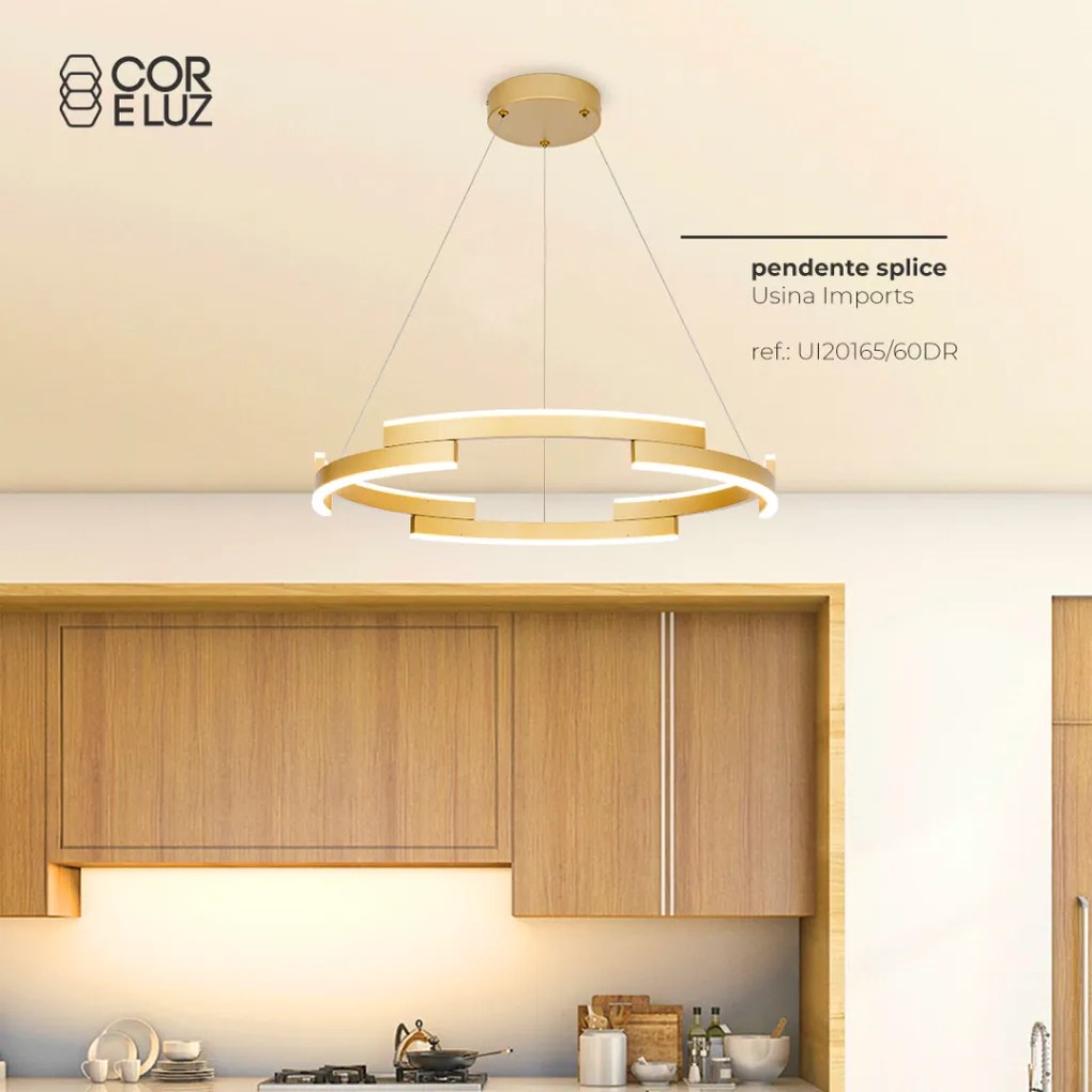 Pendente Splice Ø60X6,5Cm Led 60W 3000K Bivolt Alumínio Dourado - Usin...