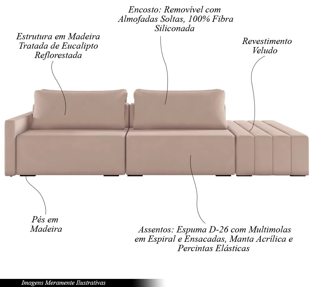 Sofá Ilha Modulado Milos 232cm Puff Lateral Veludo Rosê G33 - Gran Belo
