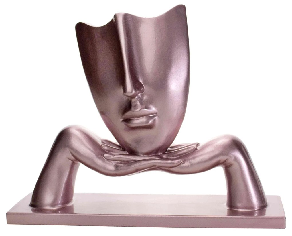 Escultura Decorativa Máscara Com Base Em Cerâmica Rosa Metal 23x30 Cm - D'Rossi