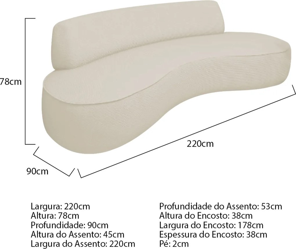 Sofá Curvo Sala de Estar Recepção Consultório Amsterdã 220cm Bouclé