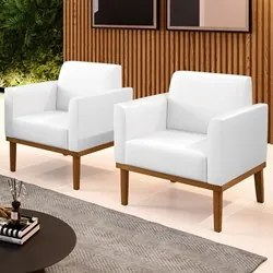 Poltrona Base Madeira Castanho Kit 2 Maressa Sintético PU Branco - Ibi
