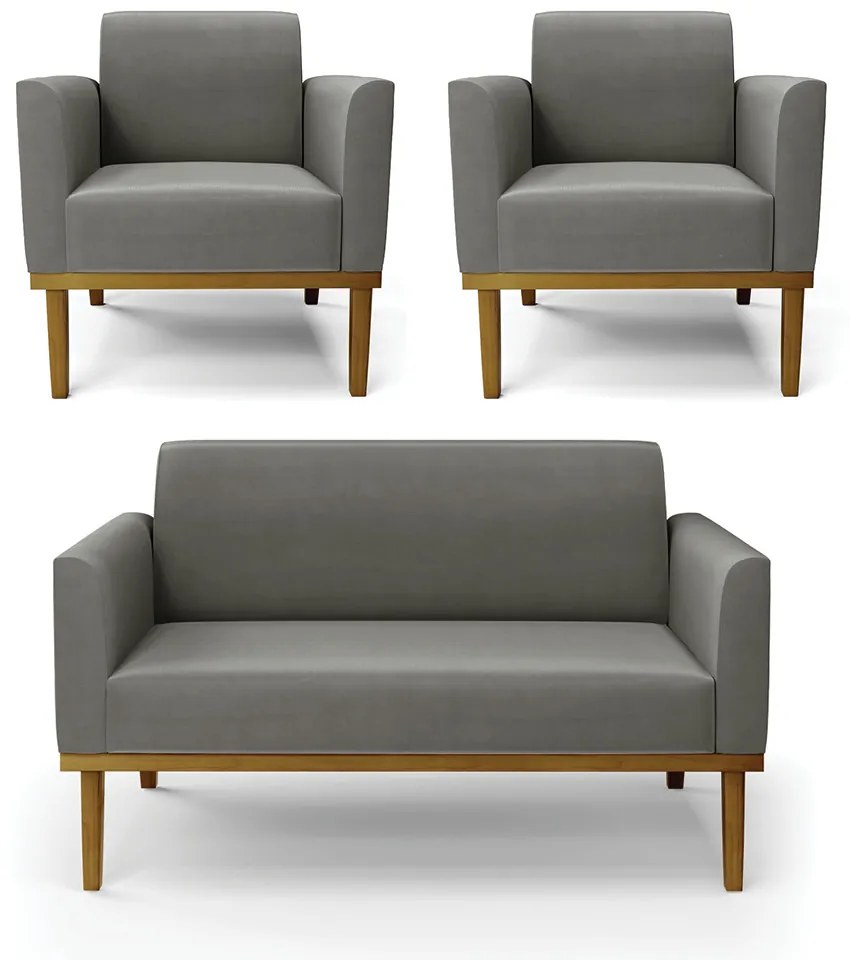 Conjunto 2 Poltronas e 1 Namoradeira Decorativa Isabella Pés Fixo em Madeira Castanho Suede Grafite G19 - Gran Belo