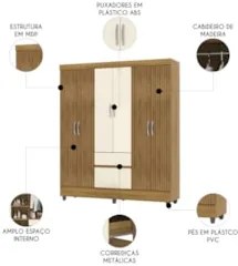 Guarda Roupa Solteiro 154cm Com 6 Portas Mayra Nature/Champanhe V02 -