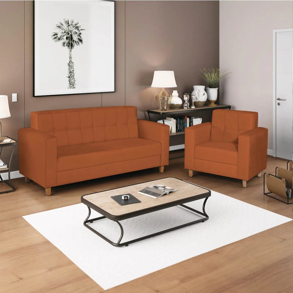 Kit Sofá 2 Lugares e 2 Poltronas Denver Suede Terracota - ADJ Decor