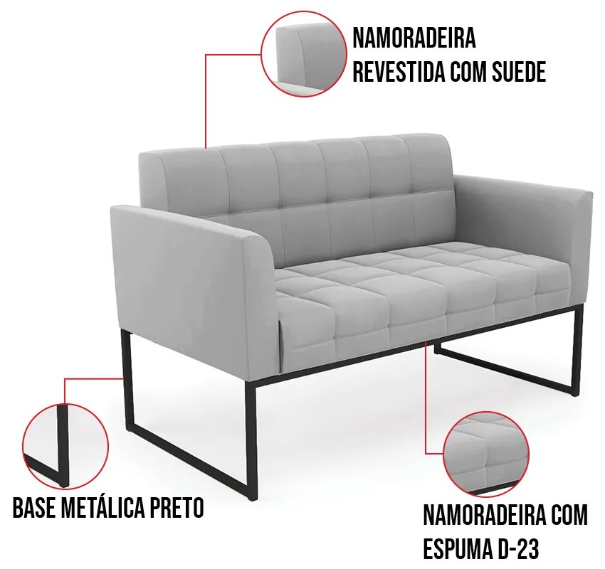 Kit 1 Sofá Namoradeira e 1 Poltrona Elisa Suede Base Metálica Industrial Preto D03 - D'Rossi - Cinza