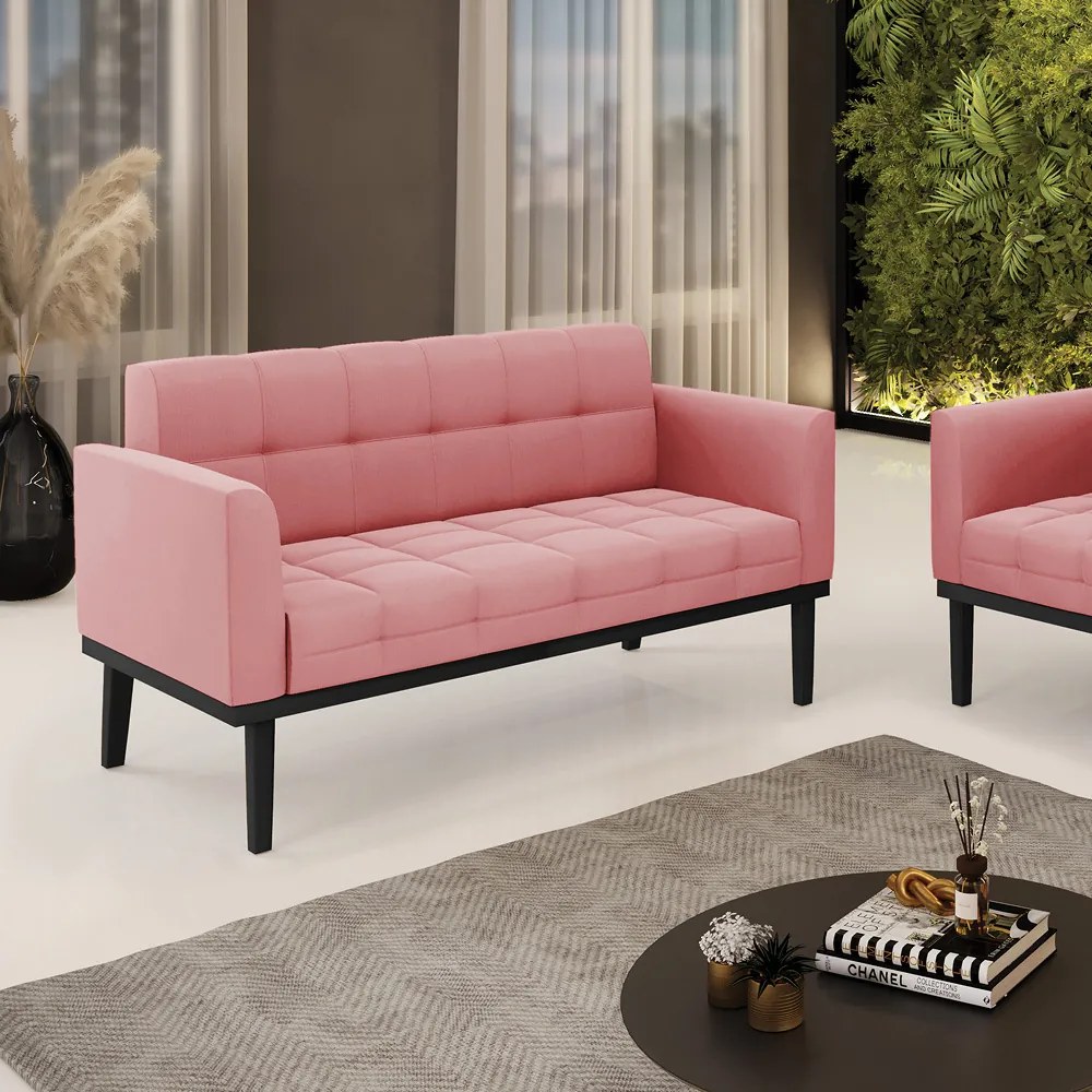 Sofá Namoradeira 2 Lugares Base de Madeira Preto Elisa Suede D03 - D'Rossi - Rose