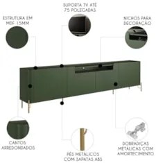 Rack TV 75 Pol 220cm 4 Portas Lisas Blen Musgo/Dourado I06 - Mpozenato