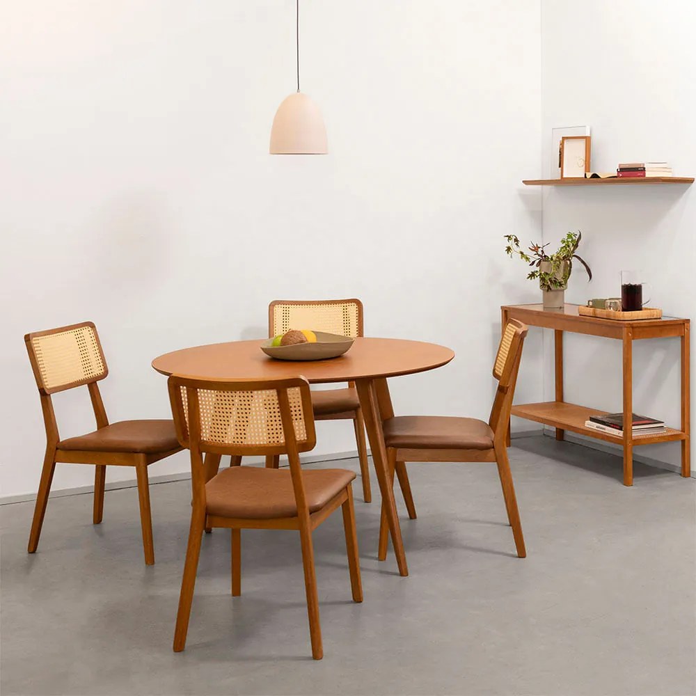Conjunto Mesa Jantar Square Laminada Redonda Natural - 1,08m + 4 Cadeiras Lalá Encosto Palha Creme - Cognac