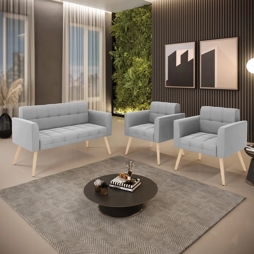 Kit 1 Sofá Namoradeira e 2 Poltronas Elisa Suede Pés Palito Natural - D'Rossi - Cinza