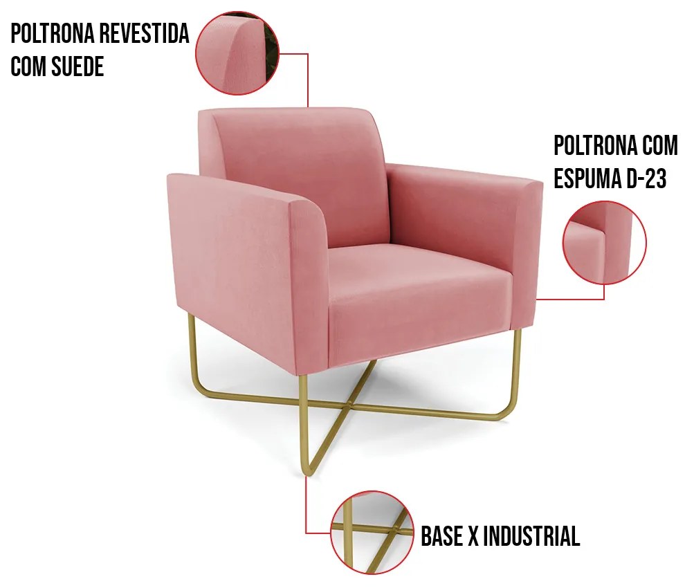 Poltrona Base X Industrial Dourado Marisa Suede - Rose