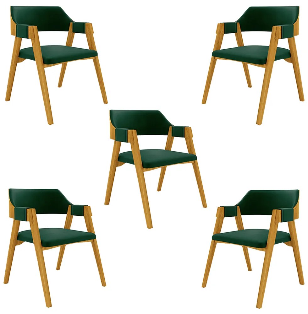 Kit 5 Cadeiras Sala de Jantar e Jogos Carteados Madeira Maciça Poker Veludo Verde/Mel G42 - Gran Belo