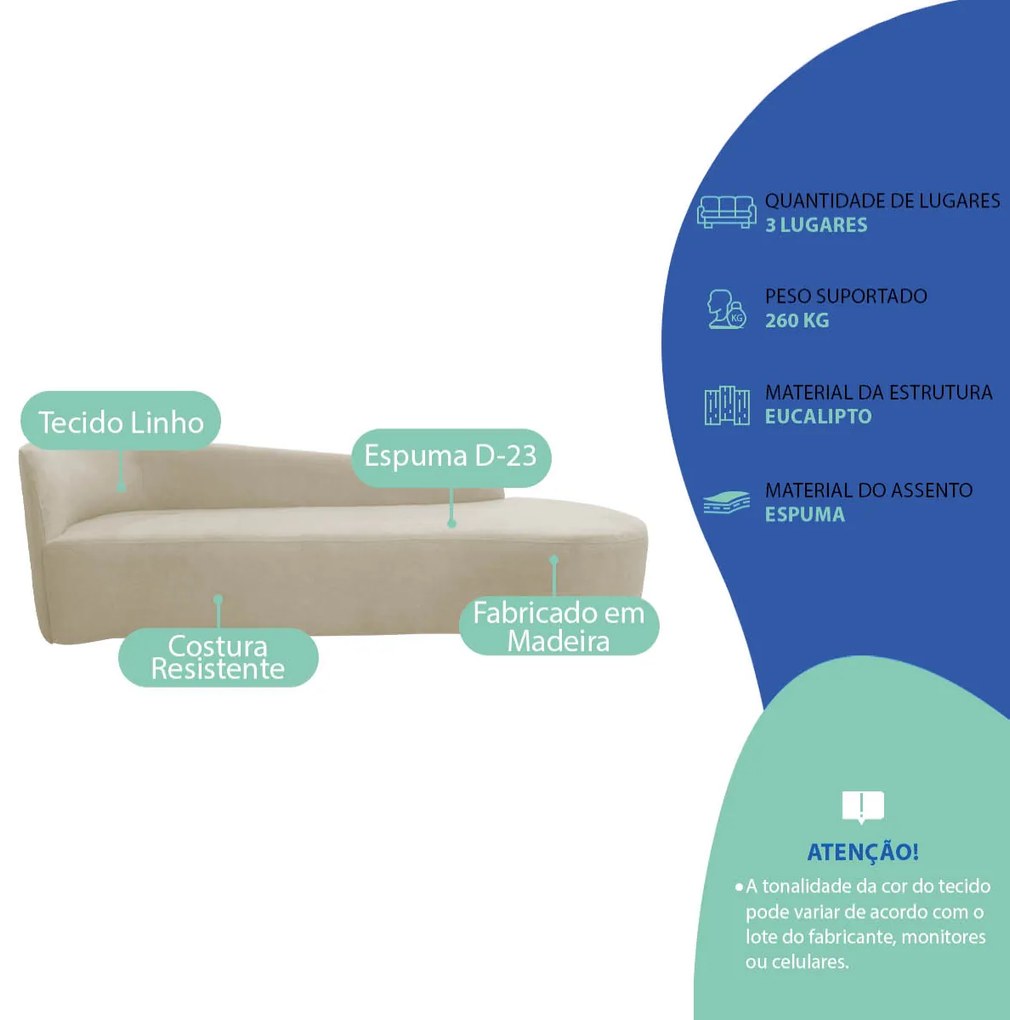 Kit Sofá Curvo França 180cm LD. e 2 Poltronas Luiza Max Conforto, Elegância e Design Moderno Linho
