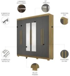 Guarda Roupa Casal 218cm Com Espelho Elegance Nature/Alasca - Vila Ric
