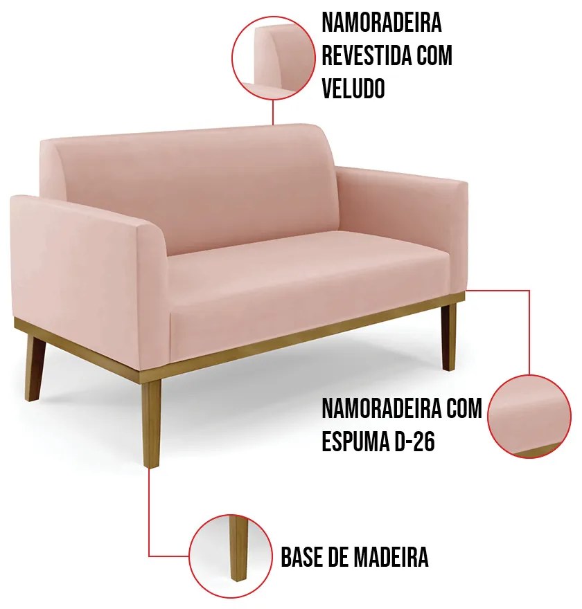 Sofá Namoradeira com 2 Poltronas Base de Madeira Fixa Castanho Marisa Veludo - Rose