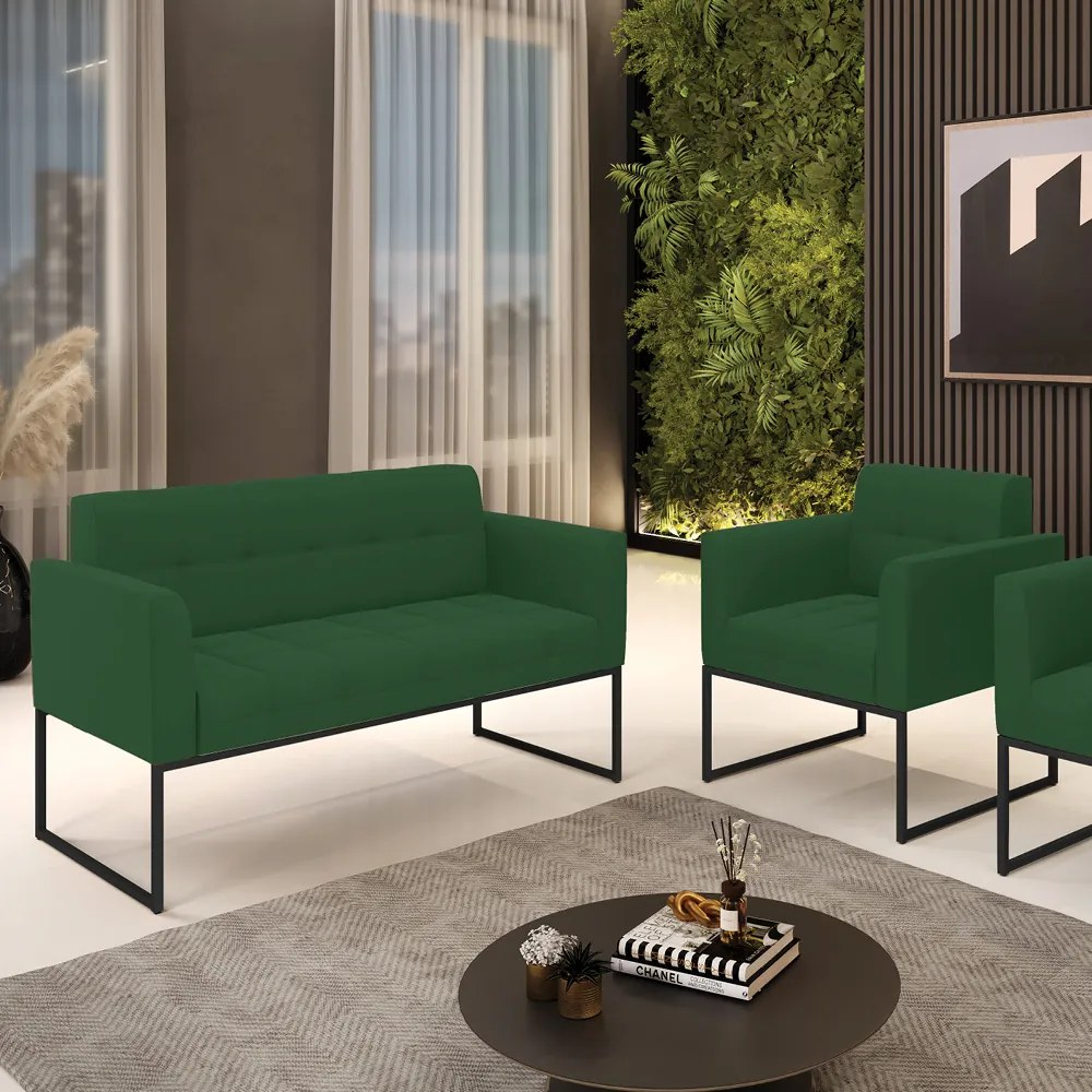 Kit 1 Sofá Namoradeira e 1 Poltrona Elisa Veludo Verde Base Metálica Industrial Preto - D'Rossi
