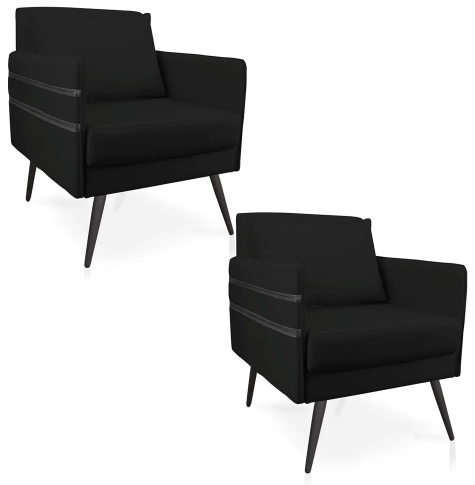 Kit 02 Poltronas Mari Suede Preto Pés Palito de Ferro Preto - D'Rossi