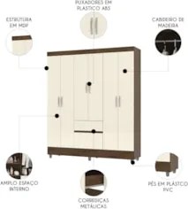 Guarda Roupa Solteiro 154cm Com 6 Portas Mayra Imbuia/Champanhe V02 -