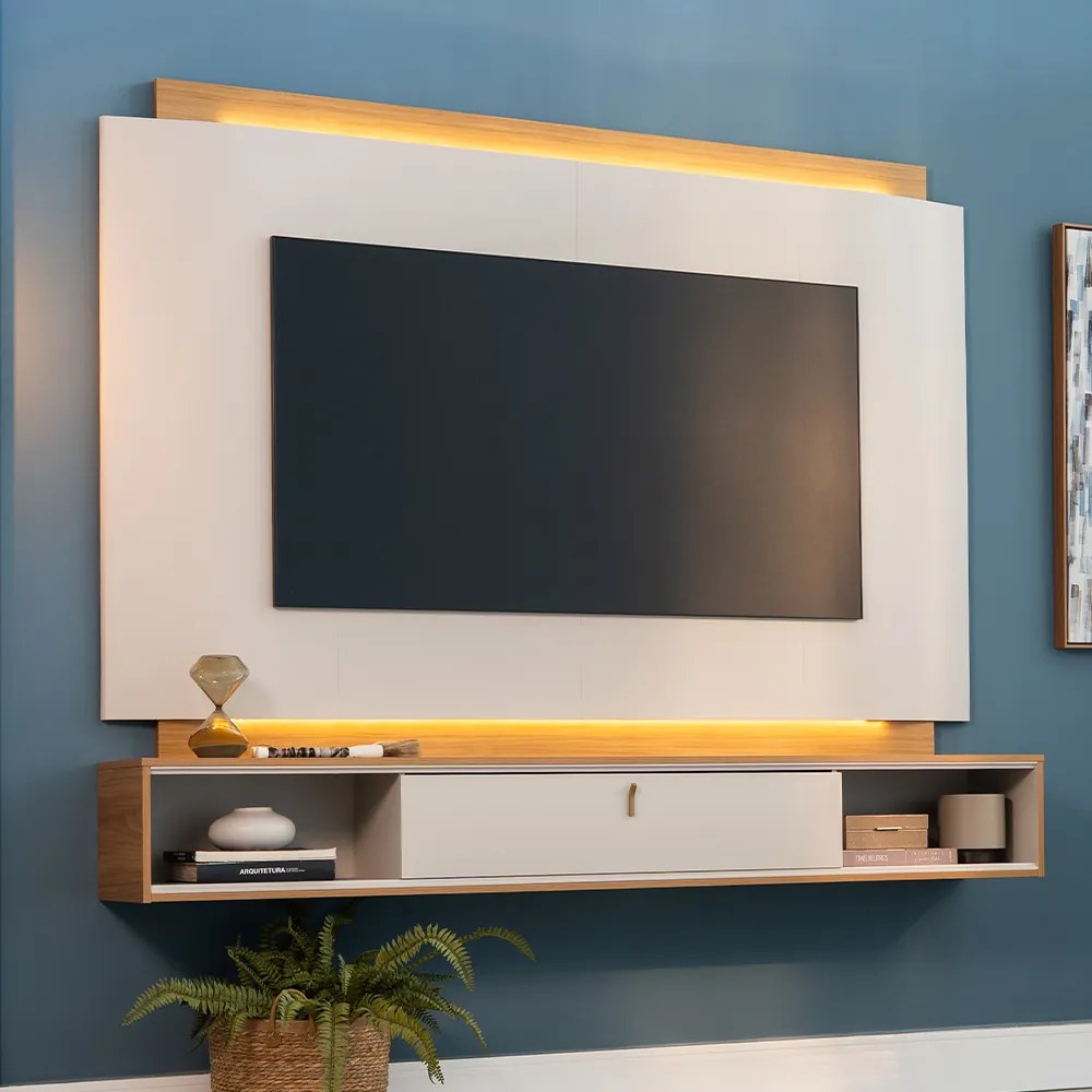 Painel Decorativo Home MDP TV até 75 Polegadas com LED Hogan Tauari/Off White G77 - Gran Belo