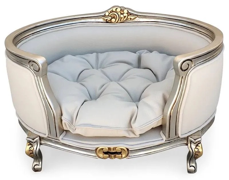 Cama Pet Luís XV Folha de Prata Detalhes em Ouro Design de Luxo Peça Artesanal