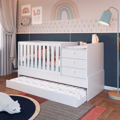 Berço Cama com Cômoda e Cama Auxiliar Branco Completa Móveis