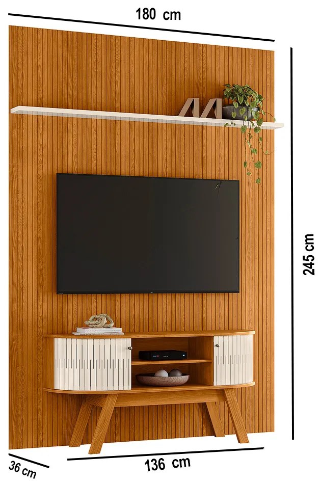 Painel TV 65 Pol 179cm Ripado Valen e Rack Bancada Rylan Cinamomo/Off White M20 - D'Rossi
