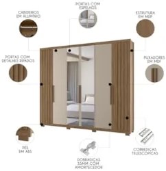Guarda Roupa Casal 260cm Com Espelho Gaia Carvalho/Fendi Z17 - Mpozena