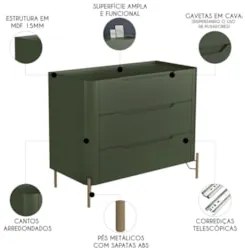 Cômoda Quarto 97cm Solteiro 3 Gavetas Becca Musgo/Dourado I06 - Mpozen