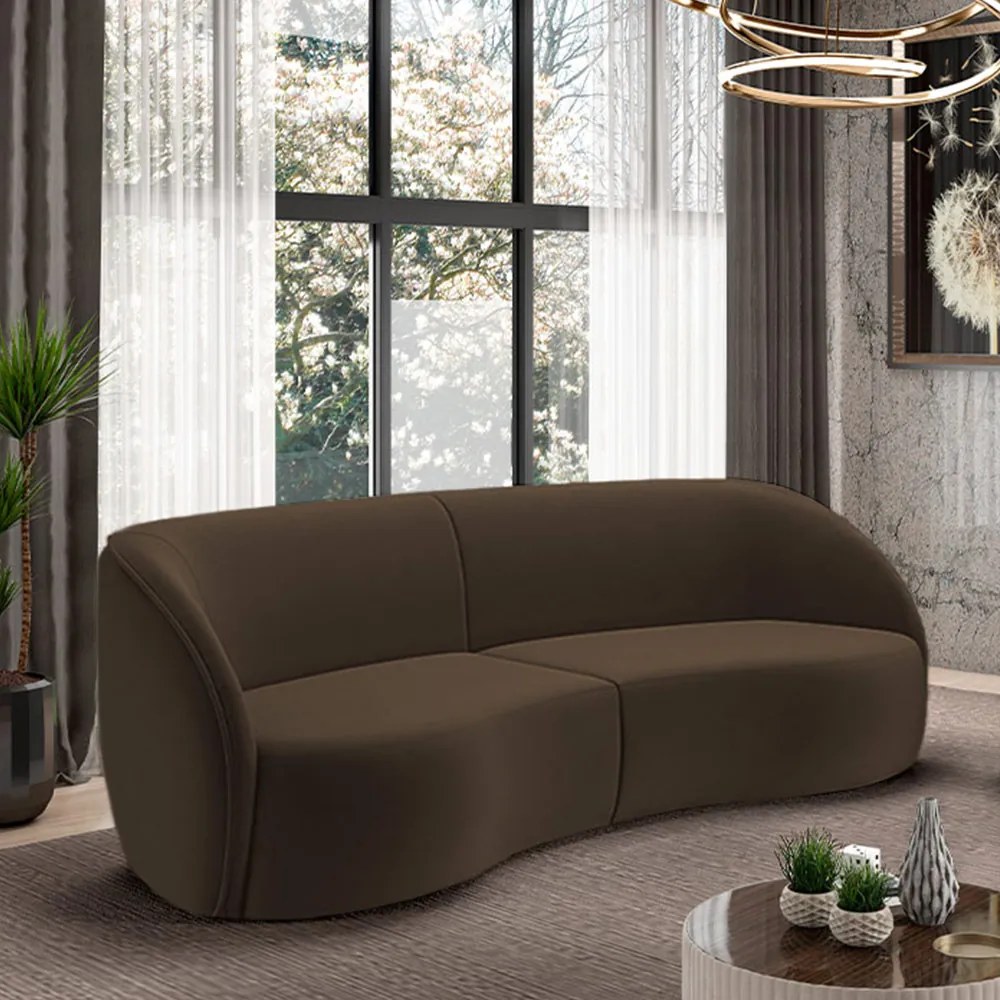 Sofá Decorativo Sala de Estar Bipartido 318cm Clarke Veludo Marrom G45 - Gran Belo