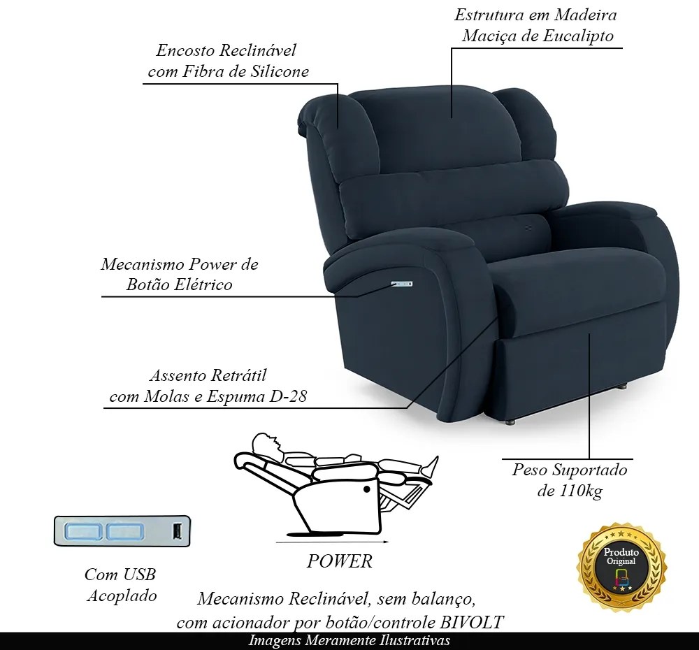 Poltrona do Papai Sala de Cinema Reclinável Kylie Elétrica Botão com Led USB Veludo Azul G23
