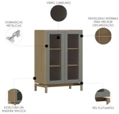 Cristaleira Portas Vidro 80cm Pé Madeira Soleil Oak/Cinza F07 - Mpozen