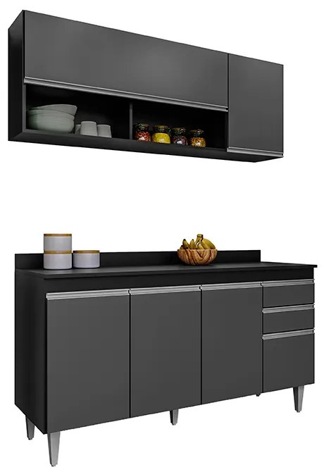 Conjunto Balcão de Cozinha com Aéreo Tampo Dodoma MDP/BP Preto/Grafite G96 - Gran Belo